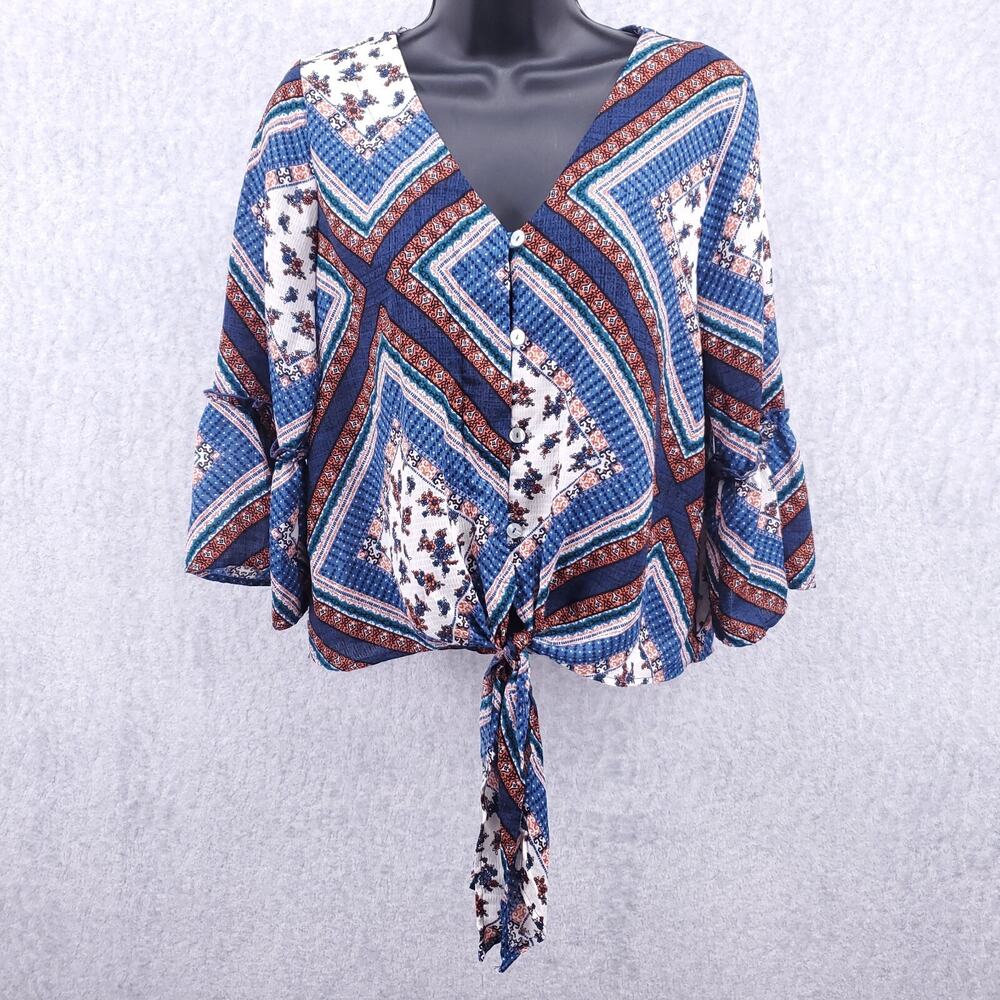 Altar'd State Top Women's S Multi Button-Up Front Tie 3/4 Bell Sleeves Boho
